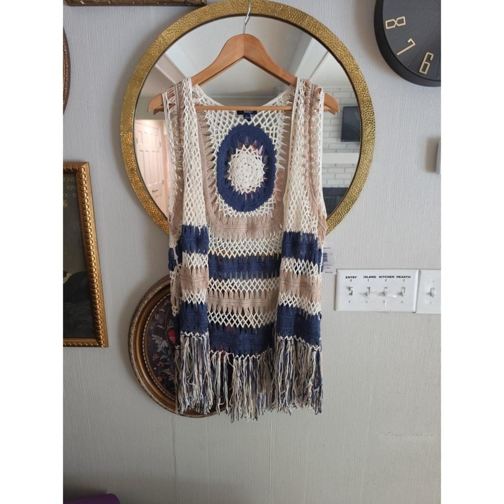 Boho Crochet cream and indigo blue open cardigan with fringe bottom nwt large
